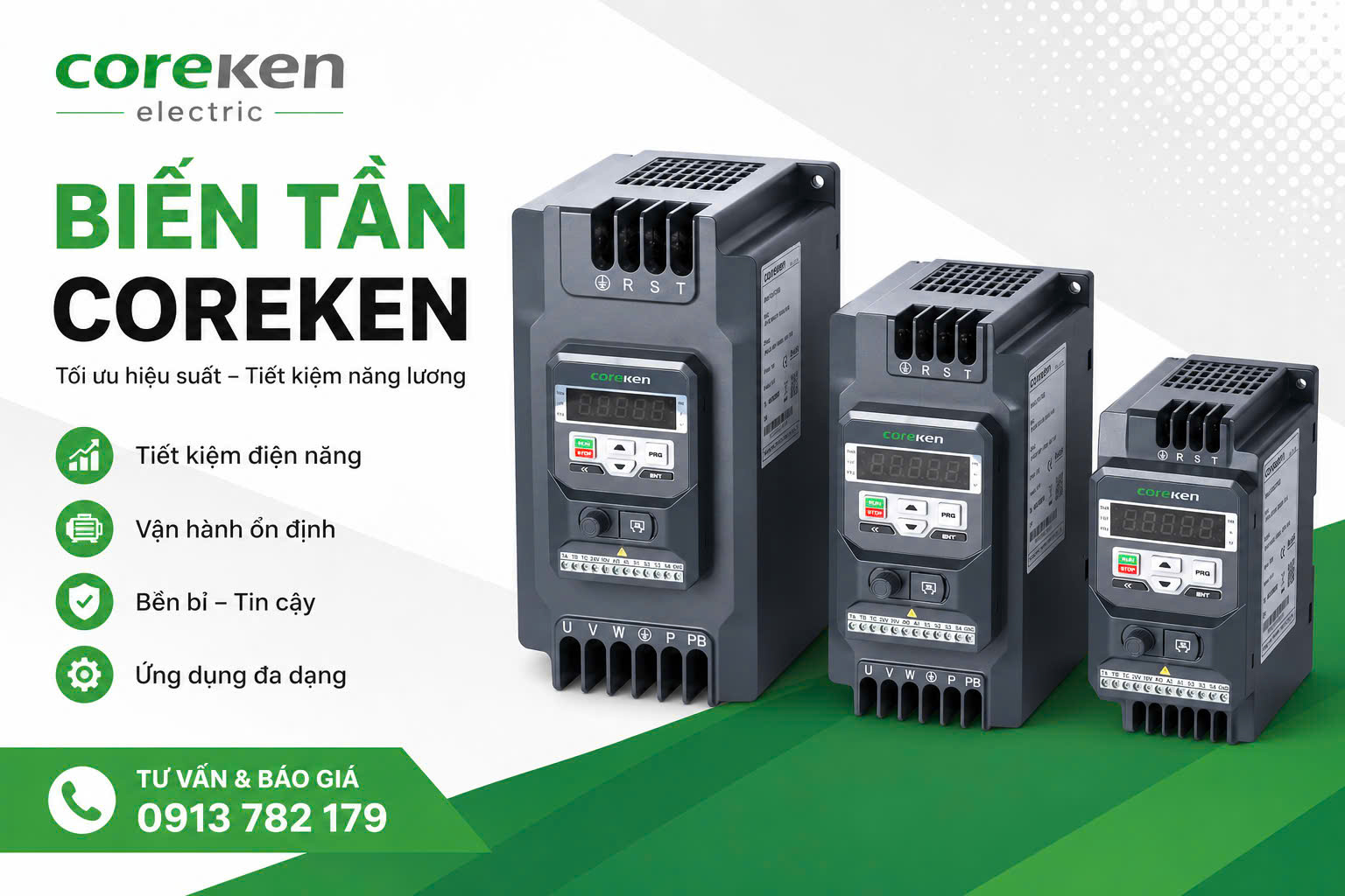 Biến tần Coreken H230 Series Compact Vector Inverter dùng cho bơm, quạt, băng tải, máy nén khí và máy công nghiệp.