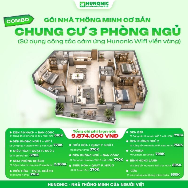 Trọn gói nhà thông minh Hunonic Cơ bản cho chung cư 3 phòng ngủ