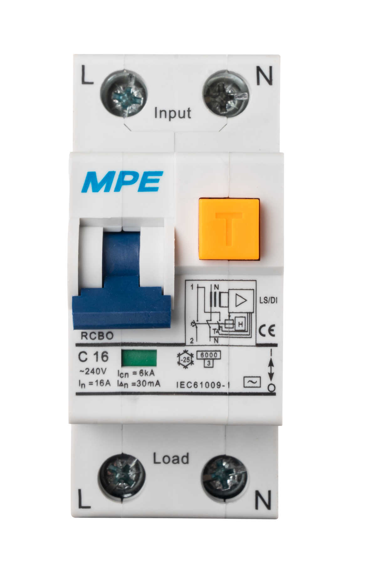 Cầu dao bảo vệ dòng rò, quá tải và ngắn mạch RCBO 2 cực, 16A, 15mA, 6kA mã RCBO-15/216