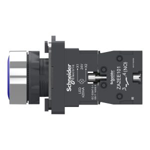 Schneider XA2AW36B1 - Nút nhấn có đèn hoàn chỉnh XA2AW36B1, dòng Easy Harmony XA2, đầu nhựa, đường kính 22mm, màu xanh dương, 1 tiếp điểm thường mở (1NO), nguồn AC/DC 24V, kiểu nhấn nhả lò xo