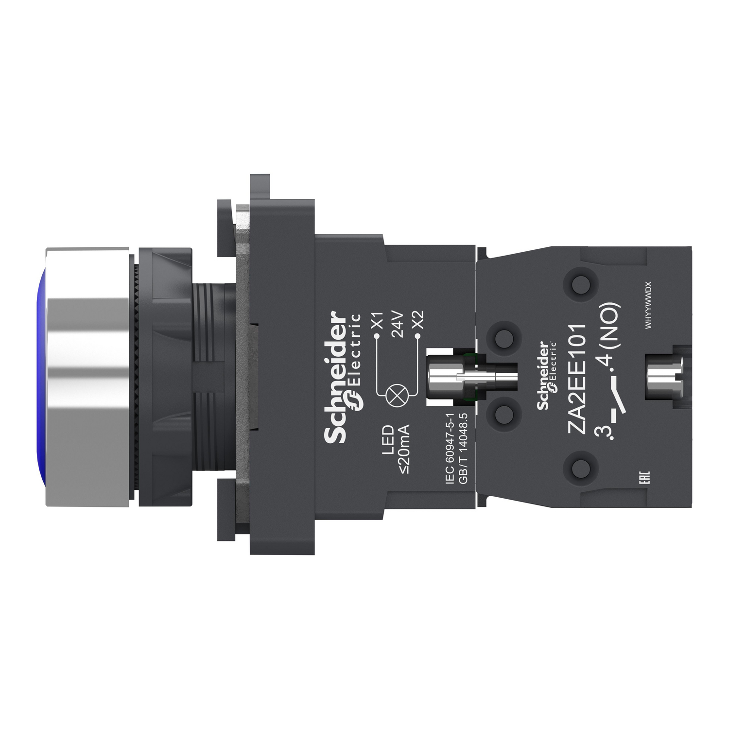 Schneider XA2AW36B1 - Nút nhấn có đèn hoàn chỉnh XA2AW36B1, dòng Easy Harmony XA2, đầu nhựa, đường kính 22mm, màu xanh dương, 1 tiếp điểm thường mở (1NO), nguồn AC/DC 24V, kiểu nhấn nhả lò xo