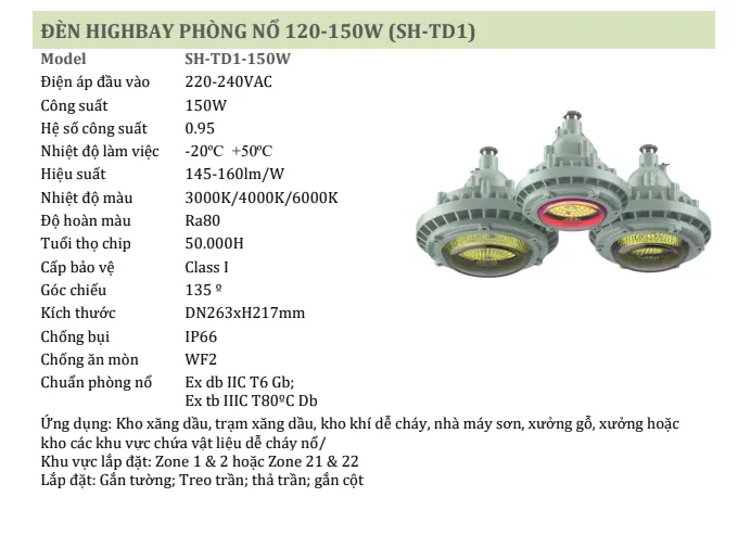 Đèn chống nổ SOHO SH-TD1 - bảng thông số kỹ thuật